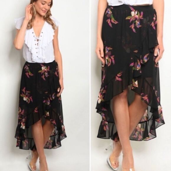 A New Day High Low Maxi Skirt- black ruffled skirt with colored flower size S - Picture 1 of 4